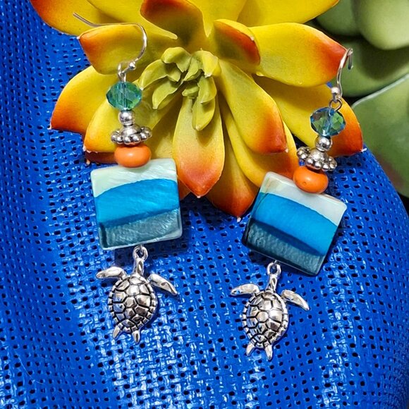 Artisan Hand Crafted Earrings, Turtles Silver Aqua Blue Orange Shell, Pierced - Picture 3 of 12